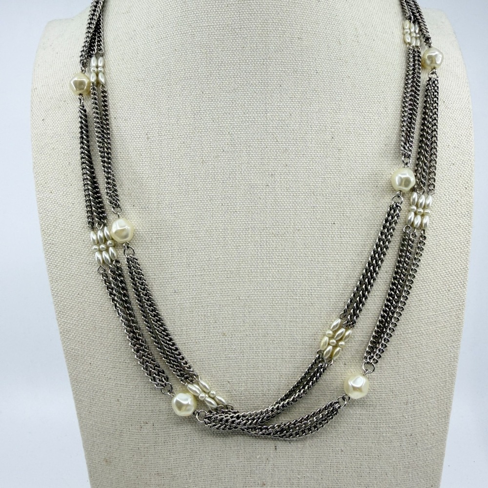 Vintage Multi-Strand Chain Necklace with Cream Faux Pearls - 90s Statement